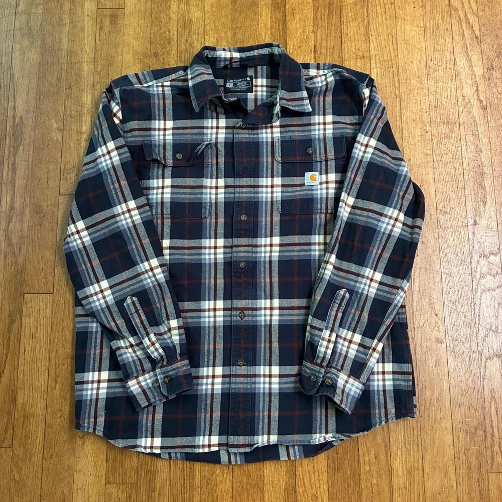 Carhartt Mens Loose Fit Plaid Flannel Button Up Workwear Shirt Navy Blue Large